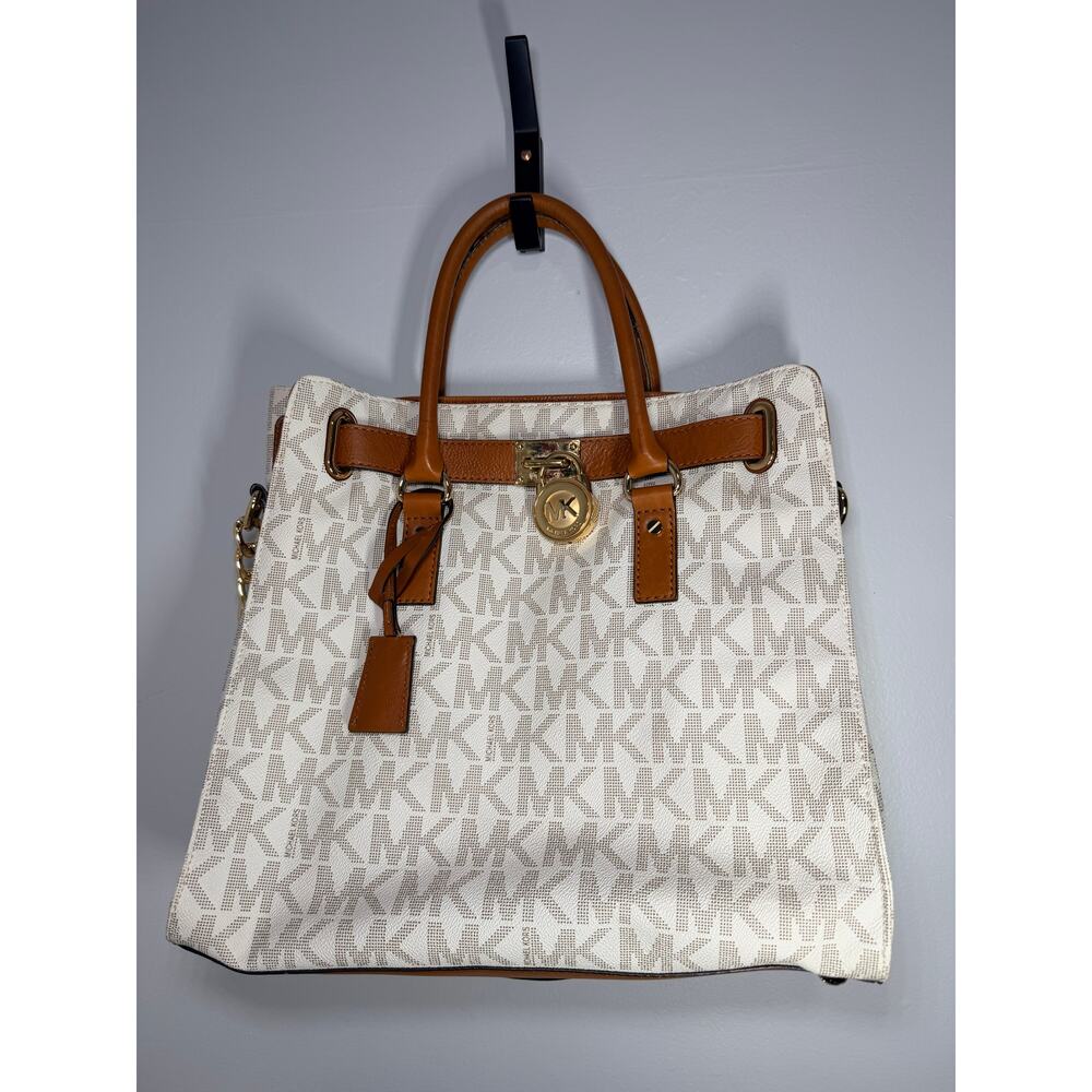 Michael Kors Nouveau Large Hamilton White and Brown Signature Satchel